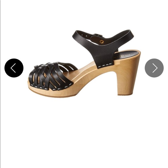 Swedish Hasbeens Black Braided Sky High Peep toe Wooden Stapled Clogs/Sandals - Picture 3 of 16